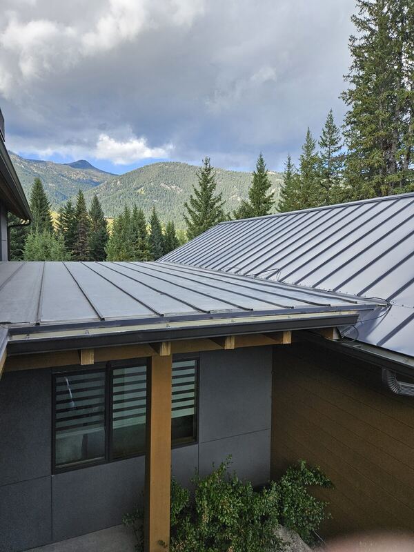 Dark standing-seam metal roof, mountain view — Montana