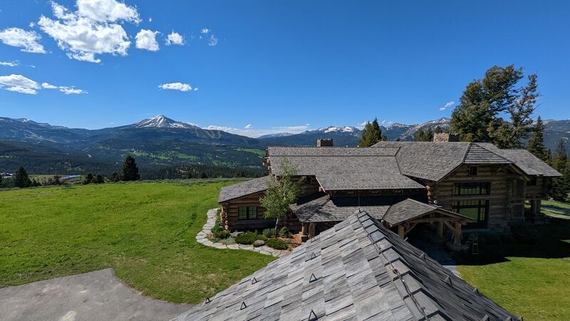 Log estate roofline, Big Sky — Montana